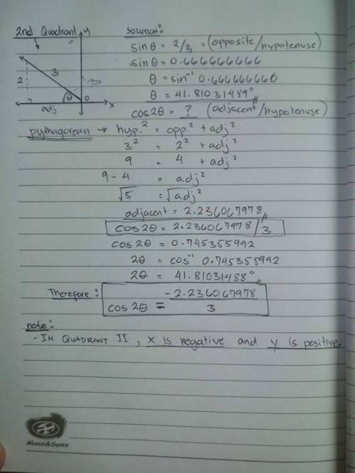 Θis an angle in standard position that terminates in quadrant ii. if sinθ =2/3 , then cos2θ =
