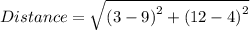 Distance = \sqrt{\left ( 3 - 9  \right )^{2} + \left ( 12 - 4 \right )^{2}}