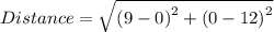 Distance = \sqrt{\left ( 9 - 0  \right )^{2} + \left ( 0 - 12 \right )^{2}}