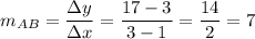m_{AB} = \dfrac{\Delta y}{\Delta x} = \dfrac{17-3}{3-1}=\dfrac{14}{2} = 7