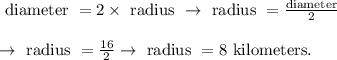 \begin{array}{l}{\text { diameter }=2 \times \text { radius } \rightarrow \text { radius }=\frac{\text {diameter}}{2}} \\\\ {\rightarrow \text { radius }=\frac{16}{2} \rightarrow \text { radius }=8 \text { kilometers. }}\end{array}