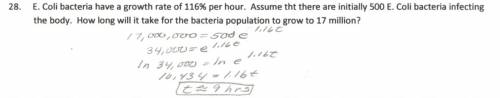 6. e.coli. bacteria have a growth rate of 116% per hour. assume that there are initially 500 e. coli