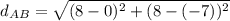 d_{AB}=\sqrt{(8-0)^2+(8-(-7))^2}