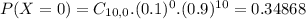 P(X = 0) = C_{10,0}.(0.1)^{0}.(0.9)^{10} = 0.34868