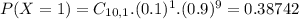 P(X = 1) = C_{10,1}.(0.1)^{1}.(0.9)^{9} = 0.38742