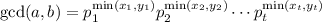 \gcd(a,b)=p_1^{\min(x_1,y_1)}p_2^{\min (x_2,y_2)} \cdots p_t^{\min(x_t,y_t)}