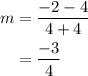 \begin{aligned}m&=\dfrac{-2-4}{4+4}\\&=\dfrac{-3}{4}\end{aligned}