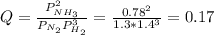 Q=\frac{P_{NH_3}^2}{P_{N_2}P_{H_2}^3} =\frac{0.78^2}{1.3*1.4^3}=0.17