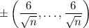 \pm\left(\dfrac6{\sqrt n},\ldots,\dfrac6{\sqrt n}\right)