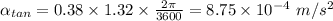 \alpha_{tan} = 0.38\times 1.32\times \frac{2\pi}{3600} = 8.75\times 10^{- 4}\ m/s^{2}