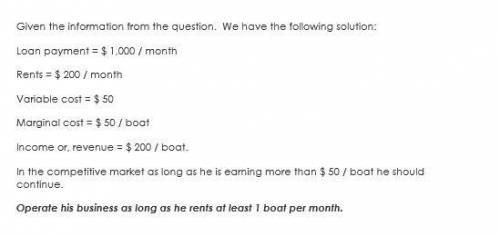Bill operates a boat rental business in a competitive industry. he owns 10 boats and pays $1,000 per
