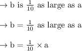 \begin{array}{l}{\rightarrow \mathrm{b} \text { is } \frac{1}{10} \text { as large as a }} \\\\ {\rightarrow \mathrm{b}=\frac{1}{10} \text { as large as a }} \\\\ {\rightarrow \mathrm{b}=\frac{1}{10} \times \mathrm{a}}\end{array}