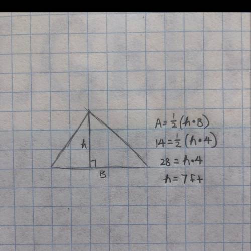 The area of a triangle is 14 square feet. if the base of the triangle measures 4 feet, what's it's h