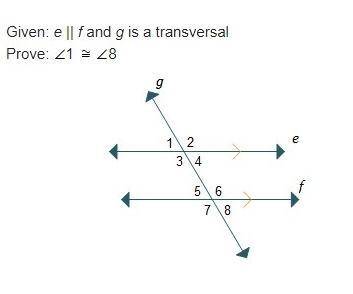 Given:  e parallel f and g is a transversal prove:  angle 1 is-congruent-to angle 8 horizontal and p