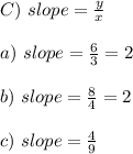 C)\ slope=\frac{y}{x}\\\\a)\ slope=\frac{6}{3}=2\\\\b)\ slope=\frac{8}{4}=2\\\\c)\ slope=\frac{4}{9}