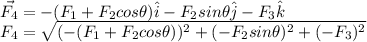 \vec{F_4}=-(F_1+F_2cos\theta)\hat{i}-F_2sin\theta\hat{j}-F_3\hat{k}\\F_4=\sqrt{(-(F_1+F_2cos\theta))^2+(-F_2sin\theta)^2+(-F_3)^2}