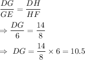 \dfrac{DG}{GE}=\dfrac{DH}{HF}\\\\\Rightarrow\dfrac{DG}{6}=\dfrac{14}{8}\\\\\Rightarrow\ DG=\dfrac{14}{8}\times6=10.5