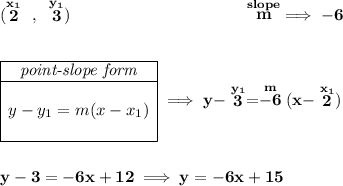 \bf (\stackrel{x_1}{2}~,~\stackrel{y_1}{3})~\hspace{10em} \stackrel{slope}{m}\implies -6 \\\\\\ \begin{array}{|c|ll} \cline{1-1} \textit{point-slope form}\\ \cline{1-1} \\ y-y_1=m(x-x_1) \\\\ \cline{1-1} \end{array}\implies y-\stackrel{y_1}{3}=\stackrel{m}{-6}(x-\stackrel{x_1}{2}) \\\\\\ y-3=-6x+12\implies y=-6x+15