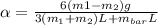 \alpha = \frac{6(m1 - m_2)g}{3(m_1 + m_2)L + m_{bar}L}