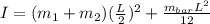 I = (m_1 + m_2)(\frac{L}{2})^2 + \frac{m_{bar}L^2}{12}