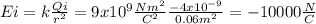 Ei=k\frac{Qi}{r^{2} }=9x10^{9} \frac{Nm^{2} }{C^{2} }\frac{-4x10^{-9} }{0.06m^{2} }=-10000\frac{N}{C}