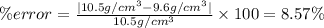 \% error=\frac{|10.5 g/cm^3-9.6 g/cm^3|}{10.5 g/cm^3}\times 100=8.57\%