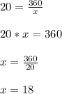 20=\frac{360}{x} \\ \\ 20*x=360\\ \\ x=\frac{360}{20}  \\ \\ x=18