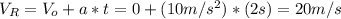 V_R=V_o+a*t=0+(10m/s^2)*(2s)=20m/s