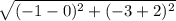 \sqrt{( - 1 - 0)^{2} + ( - 3 + 2)^{2}}