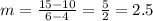 m=\frac{15-10}{6-4} = \frac{5}{2}= 2.5