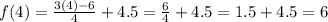 f(4)= \frac{3(4)-6}{4}+4.5= \frac{6}{4}+4.5=1.5+4.5=6