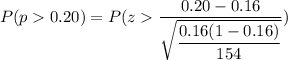 P(p0.20)=P(z\dfrac{0.20-0.16}{\sqrt{\dfrac{0.16(1-0.16)}{154}}})
