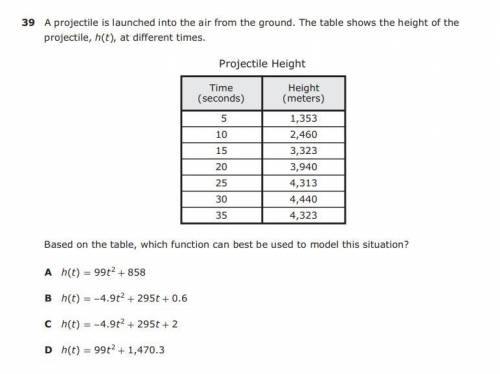Aprojectile is launched into the air from the ground. the table shows the height of the projectile,