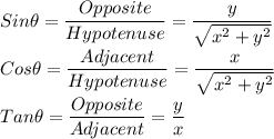 Sin \theta = \dfrac{Opposite}{Hypotenuse} =\dfrac{y}{\sqrt{x^2+y^2} } \\Cos \theta = \dfrac{Adjacent}{Hypotenuse} =\dfrac{x}{\sqrt{x^2+y^2} } \\Tan \theta = \dfrac{Opposite}{Adjacent} =\dfrac{y}{x }