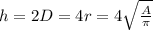 h = 2D = 4r = 4 \sqrt {\frac{A}{\pi}}