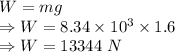 W=mg\\\Rightarrow W=8.34\times 10^3\times 1.6\\\Rightarrow W=13344\ N