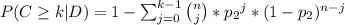 P(C \geq k |D) = 1 - \sum_{j=0}^{k-1} {n \choose j} * {p_2}^j * (1-p_2)^{n-j}
