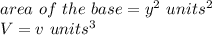 area\ of\ the\ base=y^{2}\ units^{2}\\V=v\ units^{3}