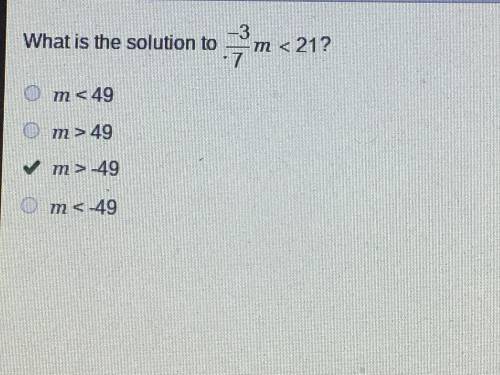 What is the solution to -3/7m <  21
