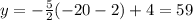 y=-\frac{5}{2}(-20-2)+4=59