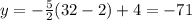 y=-\frac{5}{2}(32-2)+4=-71
