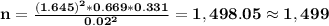 \bf n=\frac{(1.645)^2*0.669*0.331}{0.02^2}=1,498.05\approx 1,499