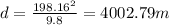 d=\frac{198.16^{2} }{9.8}=4002.79 m