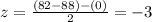 z=\frac{(82-88)-(0)}{2}=-3