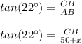 tan(22\°)=\frac{CB}{AB}\\\\tan(22\°)=\frac{CB}{50+x}