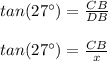 tan(27\°)=\frac{CB}{DB}\\\\tan(27\°)=\frac{CB}{x}