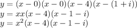y=(x-0)(x-0)(x-4)(x-(1+i)) \\y=xx(x-4)(x-1-i) \\y=x^2(x-4)(x-1-i)