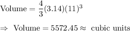 \text{Volume}=\dfrac{4}{3}(3.14)(11)^3\\\\\Rightarrow\ \text{Volume}=5572.45 \approx\text{ cubic units}