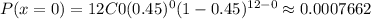 P(x=0)=12C0(0.45)^{0}(1-0.45)^{12-0}\approx 0.0007662