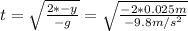 t=\sqrt{\frac{2*-y}{-g}}=\sqrt{\frac{-2*0.025m}{-9.8m/s^2} }